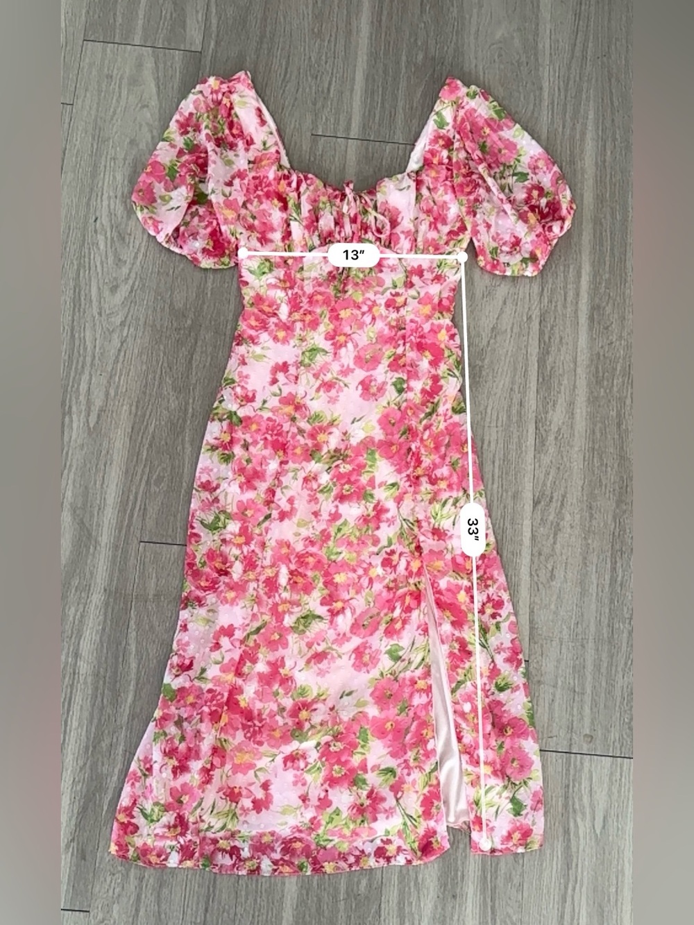 B. Darlin Pink Floral Puff Sleeve Midi Dress Cottagecore Romantic Slit - Picture 3 of 5